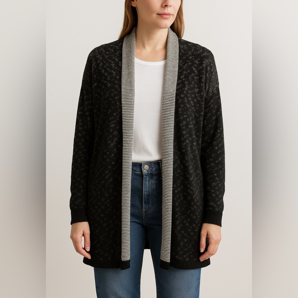 Eileen Fisher Women Open Front Cardigan Sweater XL Black Ivory Cotton Knit Drape